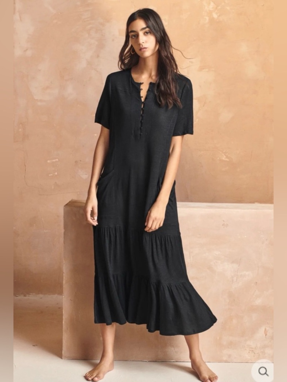 NWT Wrap London Linen Short Sleeve Maxi Dress Black Button Detail, Sz 6 (UK 10)